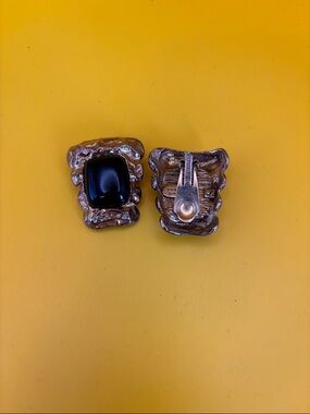 Vintage Les Bernard’s Clip-On Gold-tone Clip Earrings with Black Cabochon
